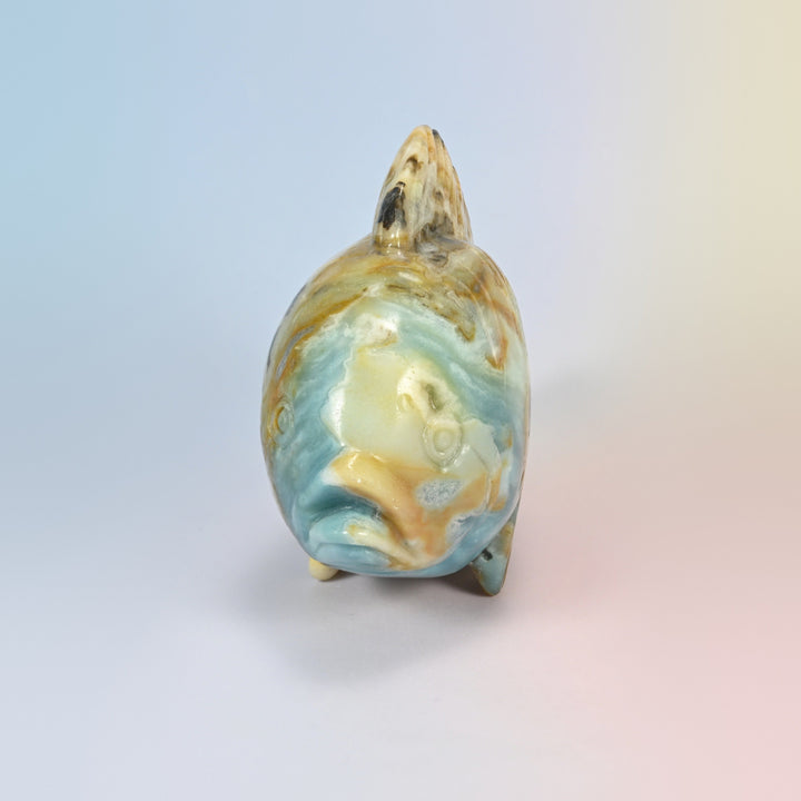 Front view of the ocean agate fish carving, pouting mouth and round body