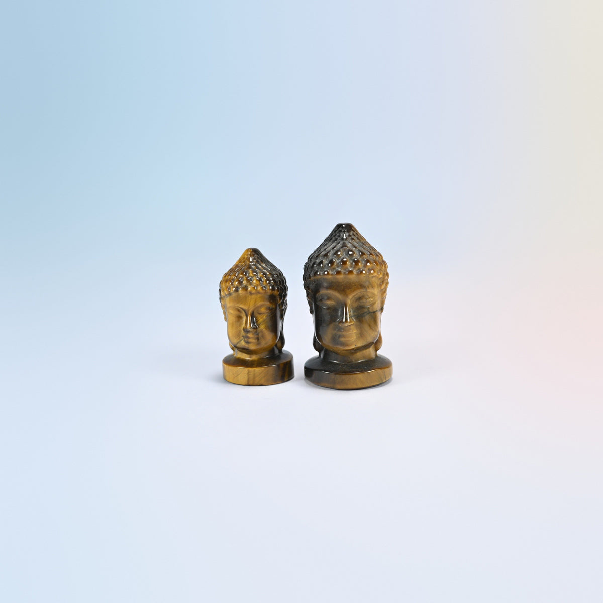 Natural tiger eye Buddha head carvings with golden brown banding, 1.5 inch and 2 inch