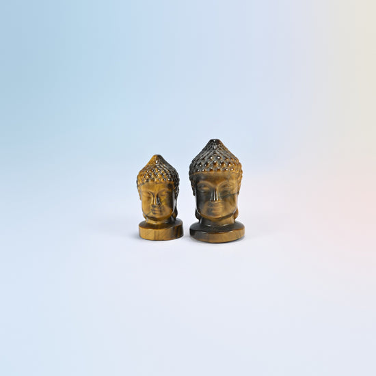 Natural tiger eye Buddha head carvings with golden brown banding, 1.5 inch and 2 inch