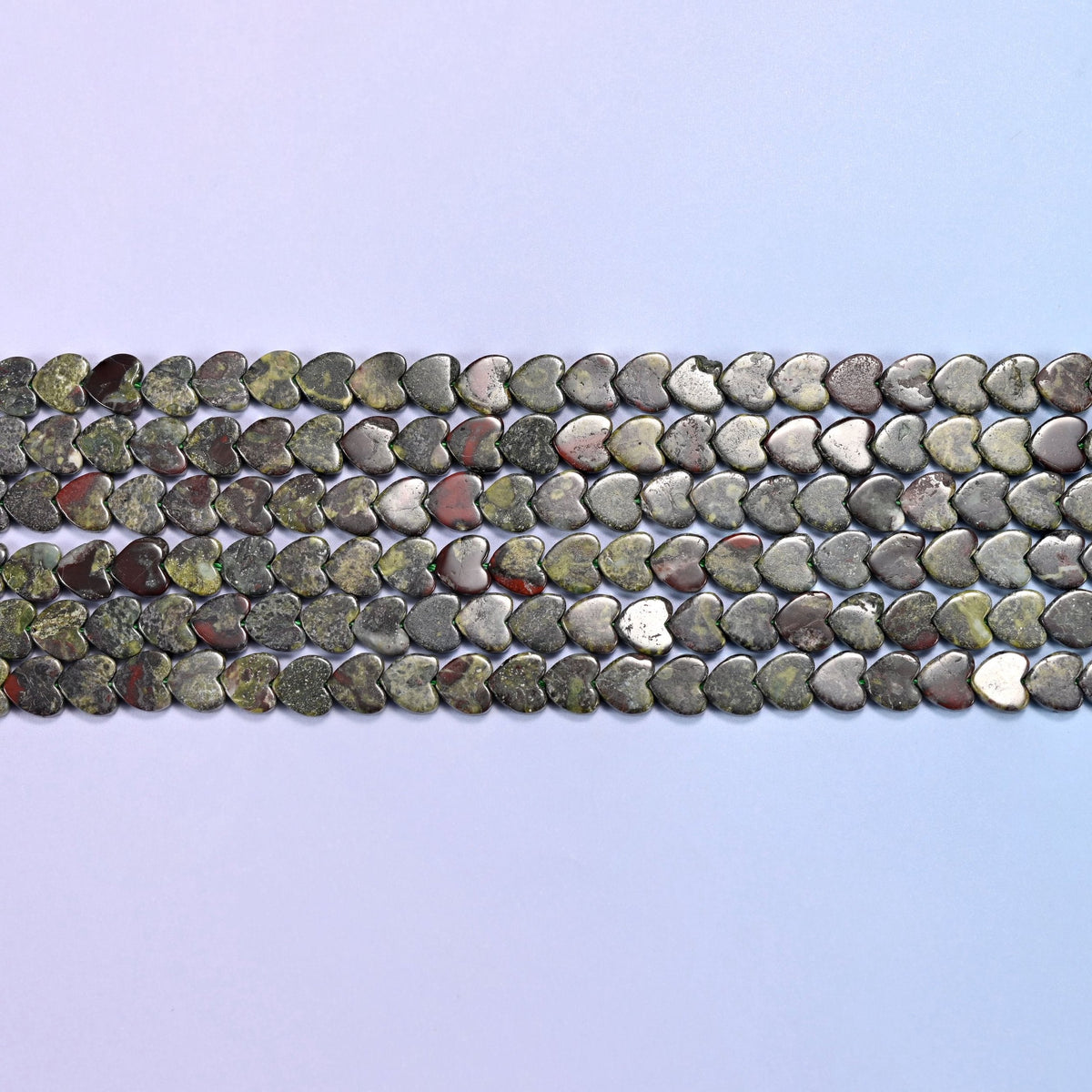 Dragon Bloodstone Flat Heart Beads in mottled olive green with brick red
