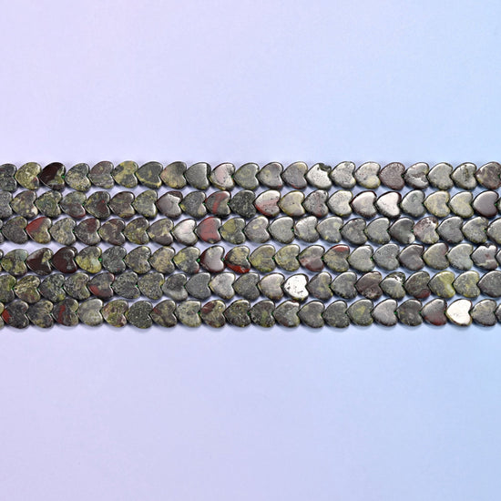 Dragon Bloodstone Flat Heart Beads in mottled olive green with brick red