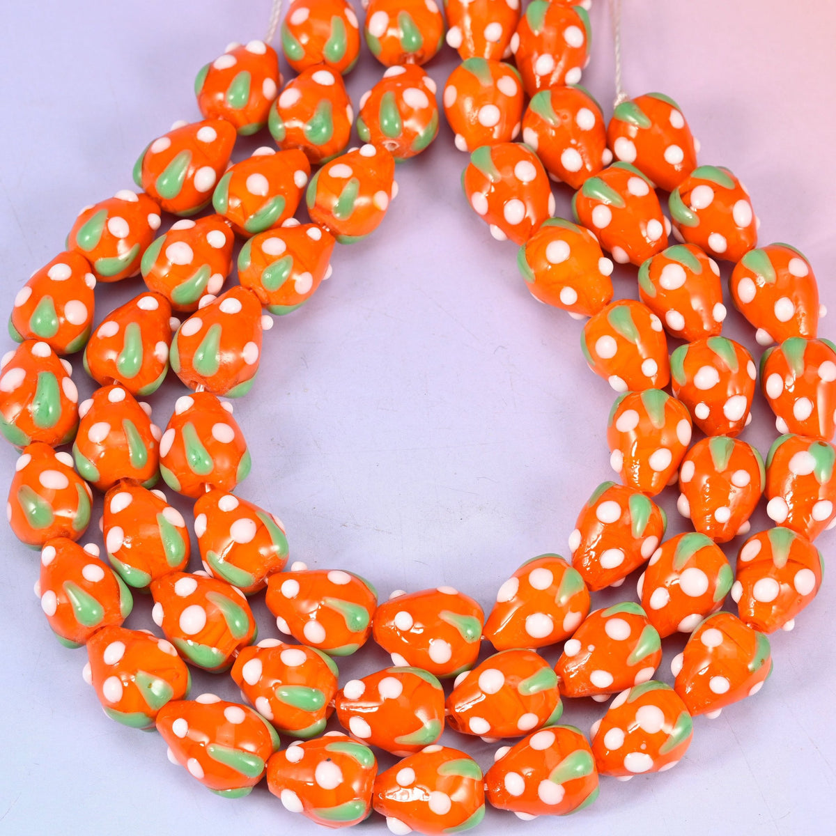 Orange White Dots Strawberry Glass Beads, hole approximately 1.5mm