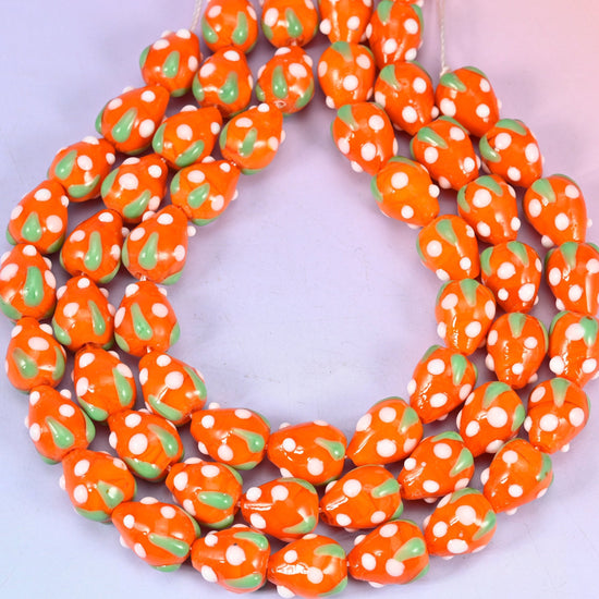 Orange White Dots Strawberry Glass Beads, hole approximately 1.5mm