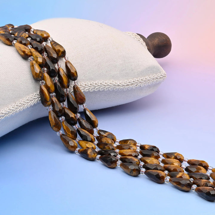 Natural Tiger Eye faceted teardrop beads, honey gold banded with dark chocolate brown