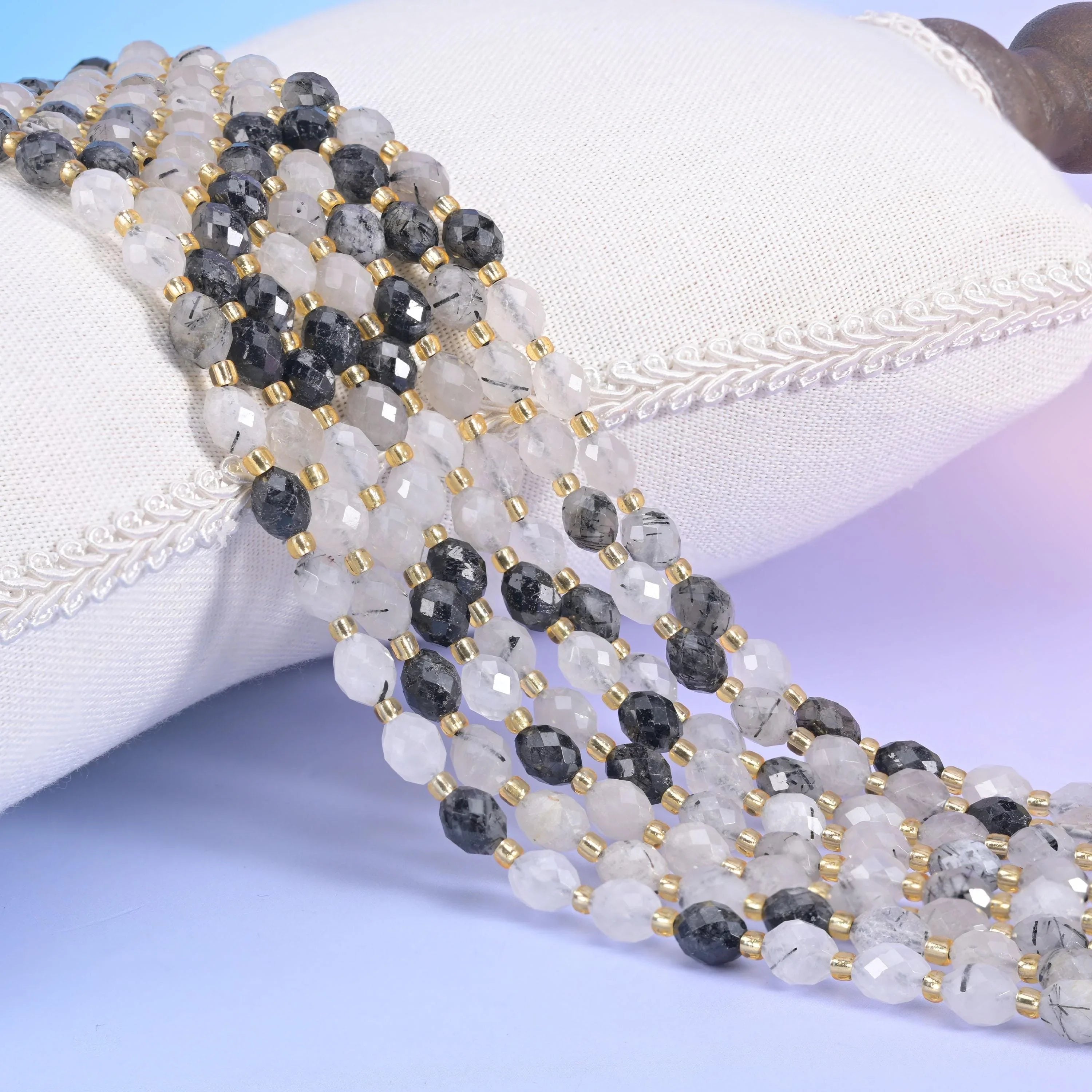 Black Rutilated Quartz Faceted Rice Barrel Beads 6x8mm