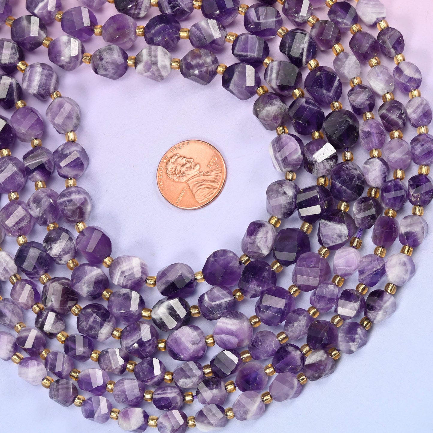 Chevron Amethyst Faceted Spiral Twist Beads: Size 8mm 10mm, Jewelry Making, 15 inch Strand