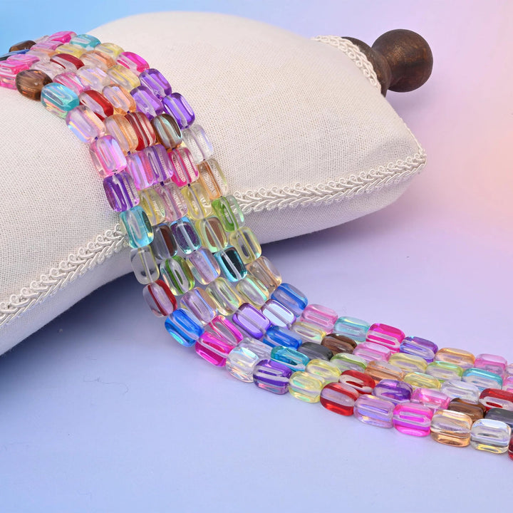 Rainbow rectangle glass beads with a glossy iridescent mystic aura finish