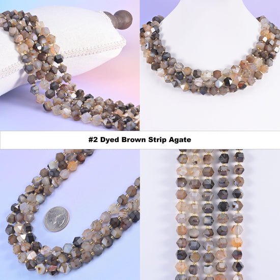 Faceted 8 sides diamond rhombus beads in dyed brown strip agate, option 2 shown in four views, warm brown banding across every bead.