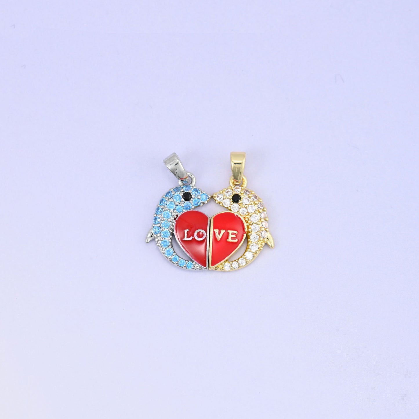 Magnetic Enamel Dolphin Love Zircon Pendants, 18K gold plated brass