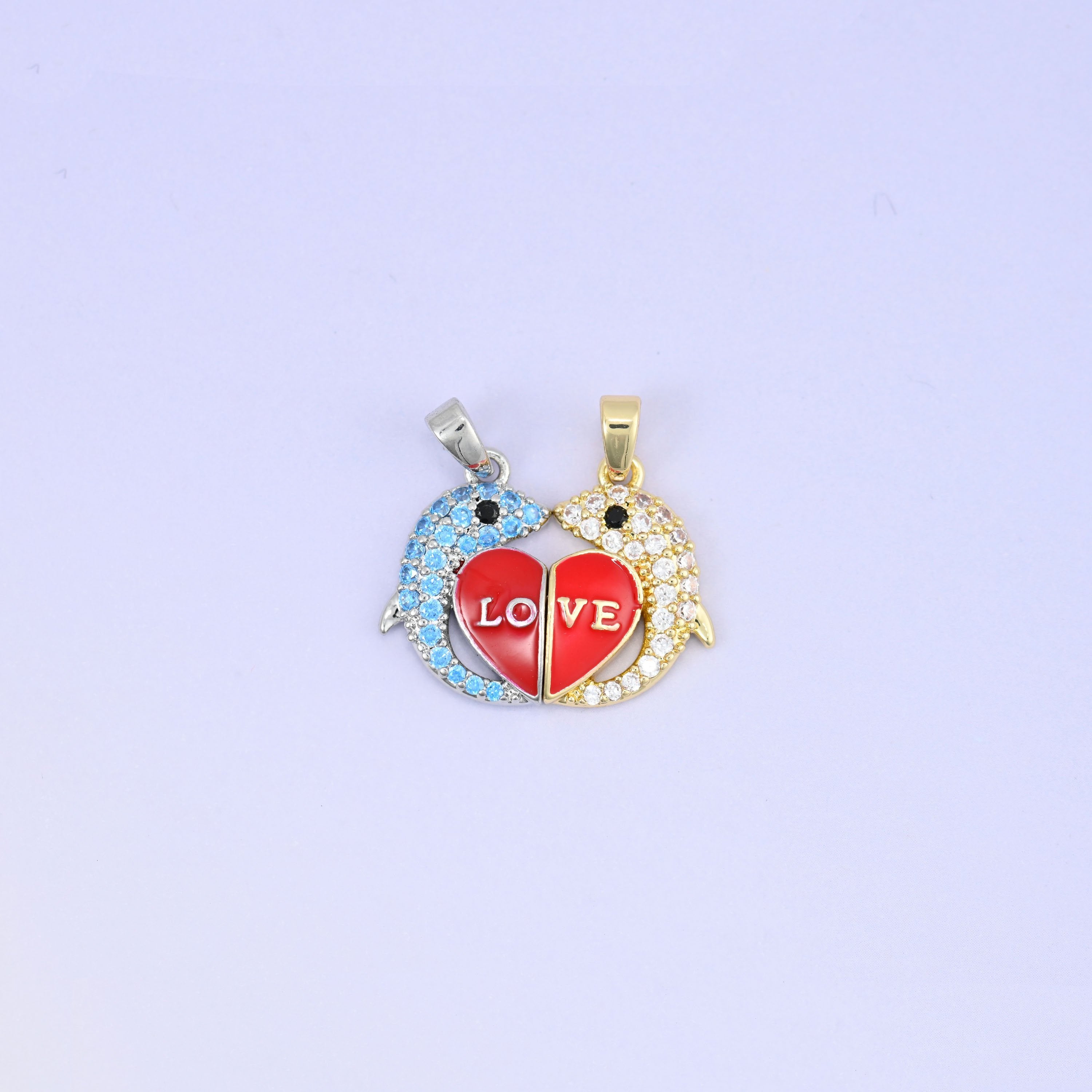 Magnetic Enamel Dolphin Love Zircon Pendants, 18K gold plated brass