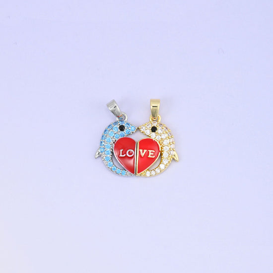 Magnetic Enamel Dolphin Love Zircon Pendants, 18K gold plated brass