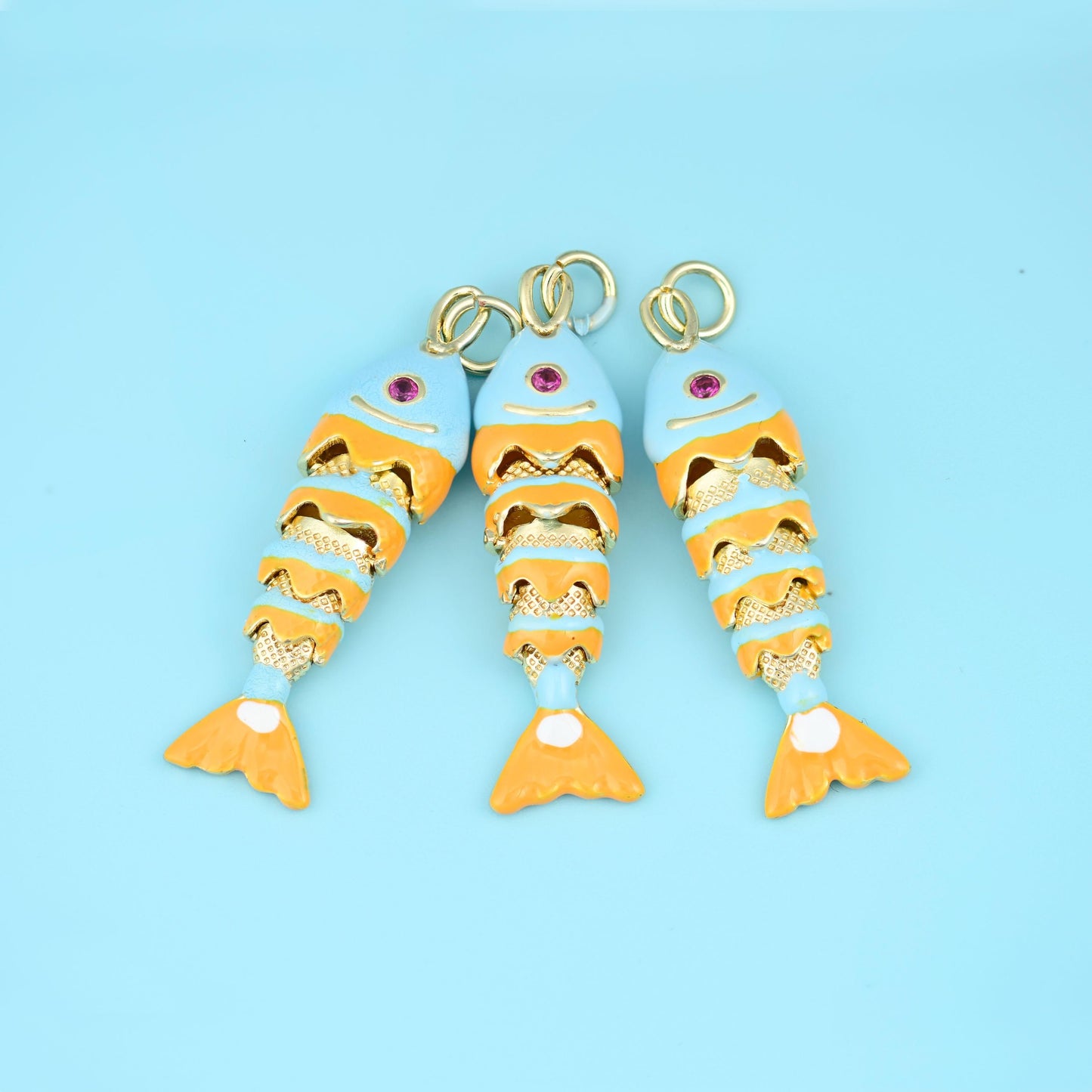 18K Gold Filled Enamel Articulated Fish Charm 34x9mm