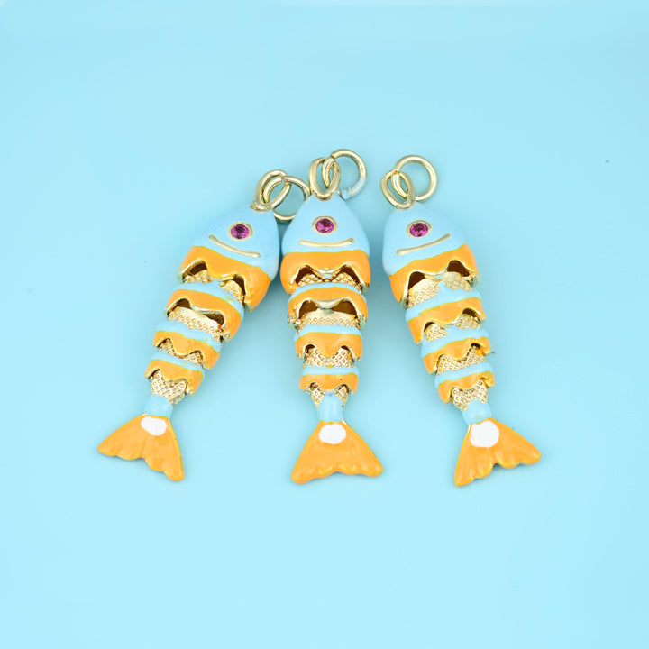 18K Gold Filled Enamel Articulated Fish Charm 34x9mm