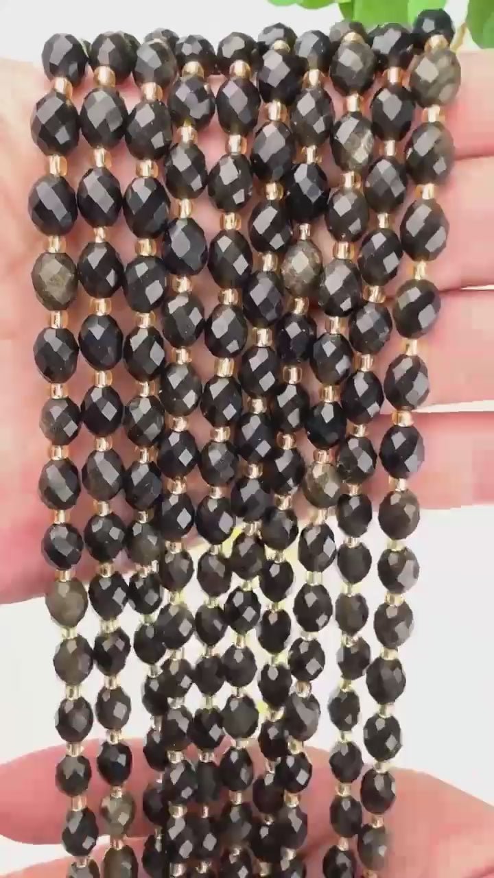 Gold Obsidian Faceted Rice Barrel Beads, approximately 39 beads per strand