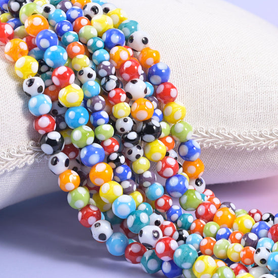 Multi-Color Spotted Round Glass Beads in postbox red, cobalt, sunshine yellow, orange and apple green