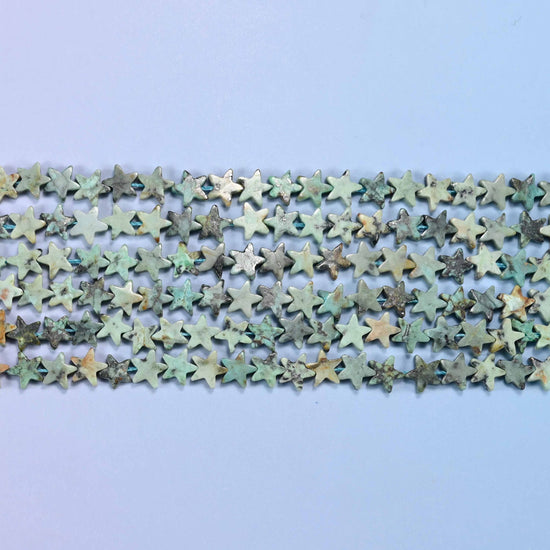 African Howlite Flat Star Beads 6mm in sage and celadon green with dark green-black matrix veining