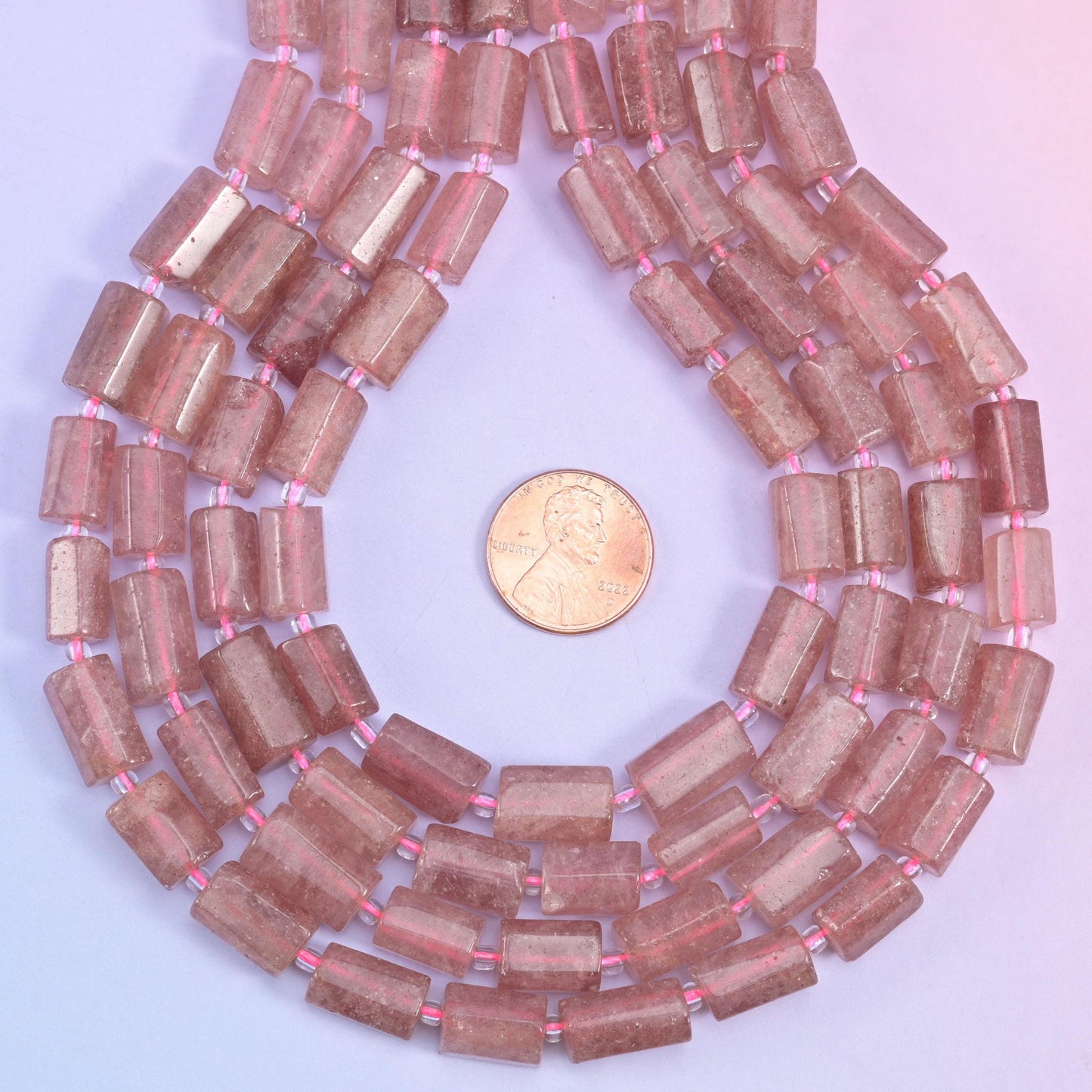 Natural Pink Strawberry Quartz faceted tube cylinder beads, center drilled for jewelry making