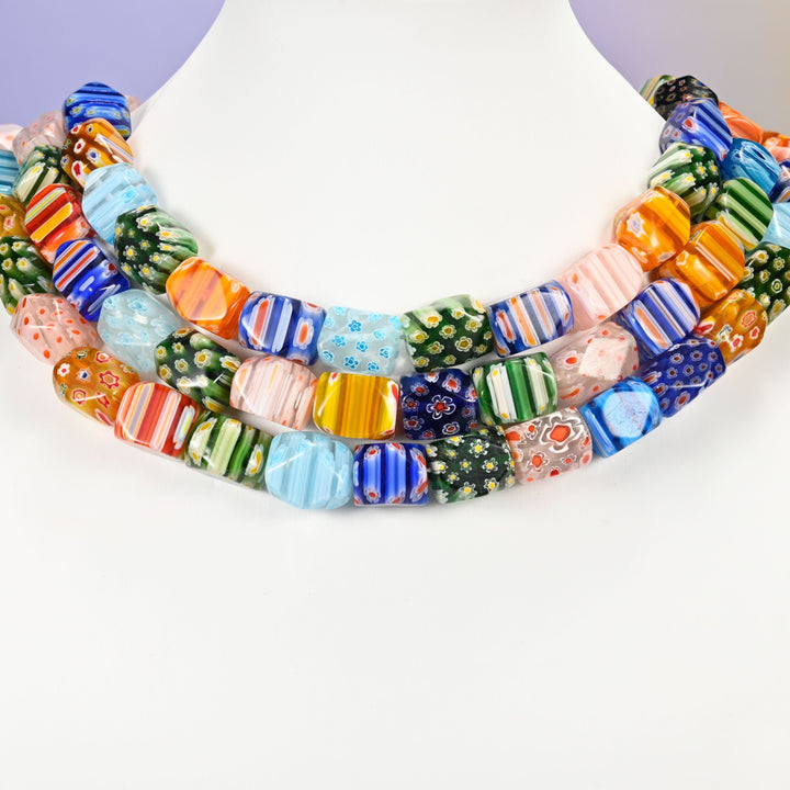 Millefiori faceted cuboid glass beads, approximately 15.5x11.60mm