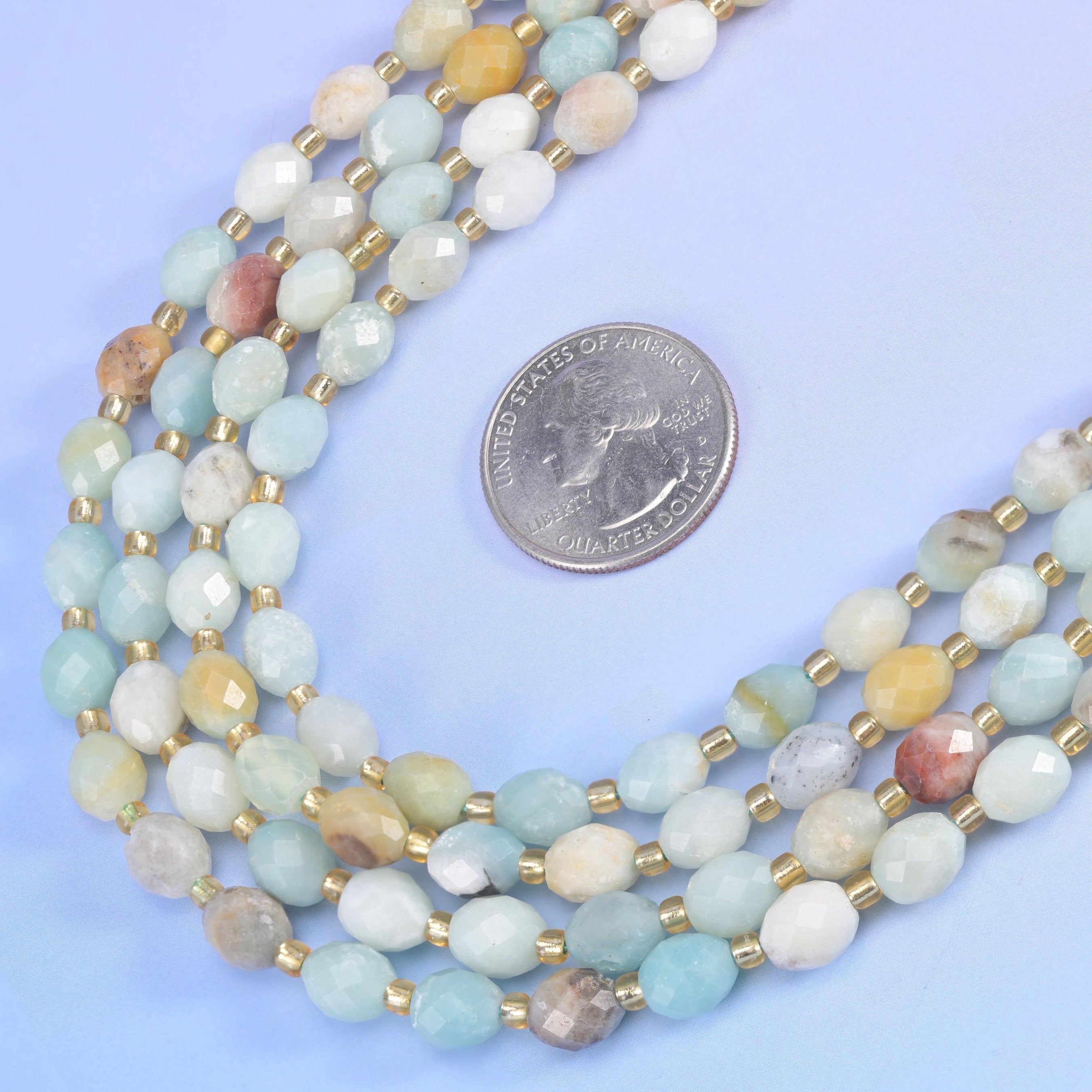 Multi-Color Amazonite Faceted Rice Barrel Beads in pale seafoam, powder blue, cream and tan