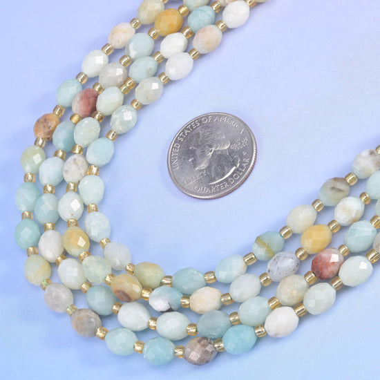 Multi-Color Amazonite Faceted Rice Barrel Beads in pale seafoam, powder blue, cream and tan