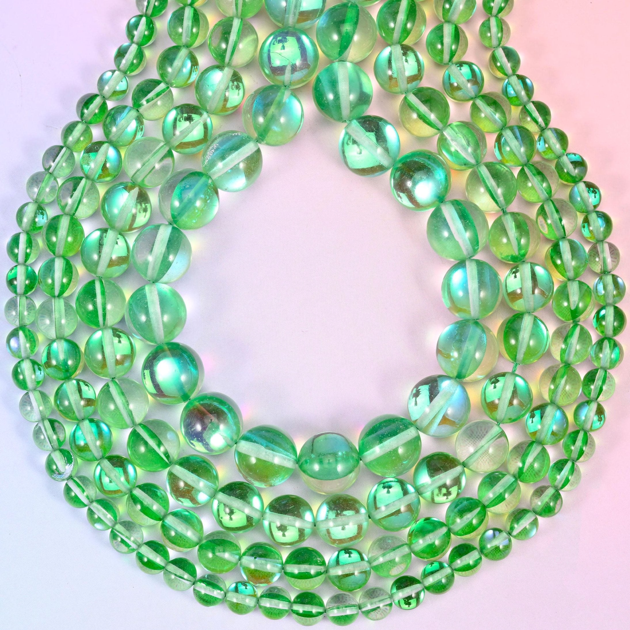 Mystic Aura Green Round Glass Beads, approximately 1.0mm drill hole
