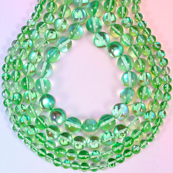 Mystic Aura Green Round Glass Beads, approximately 1.0mm drill hole