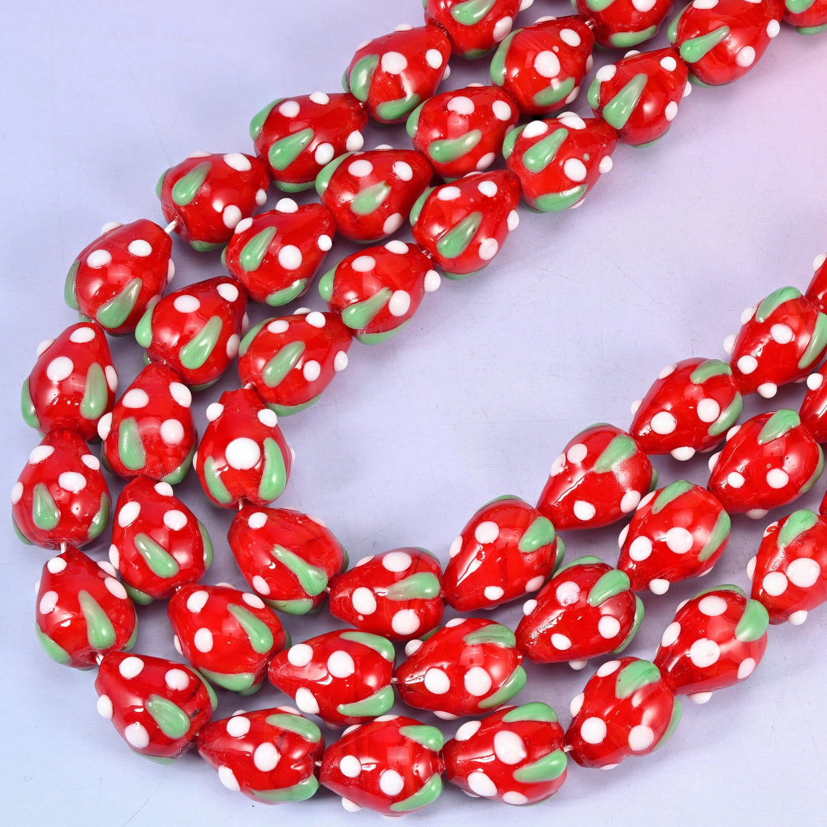 Red White Dots Strawberry Glass Beads, 12 inch strand