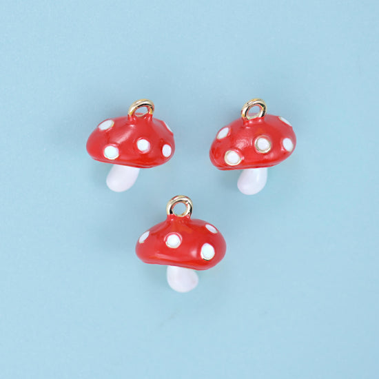 Enamel Big Cap Mushroom Charm 14x12mm in scarlet with white spots and a glossy white stem