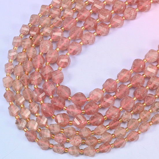 Strawberry Quartz faceted spiral twist beads, 15 inch strand