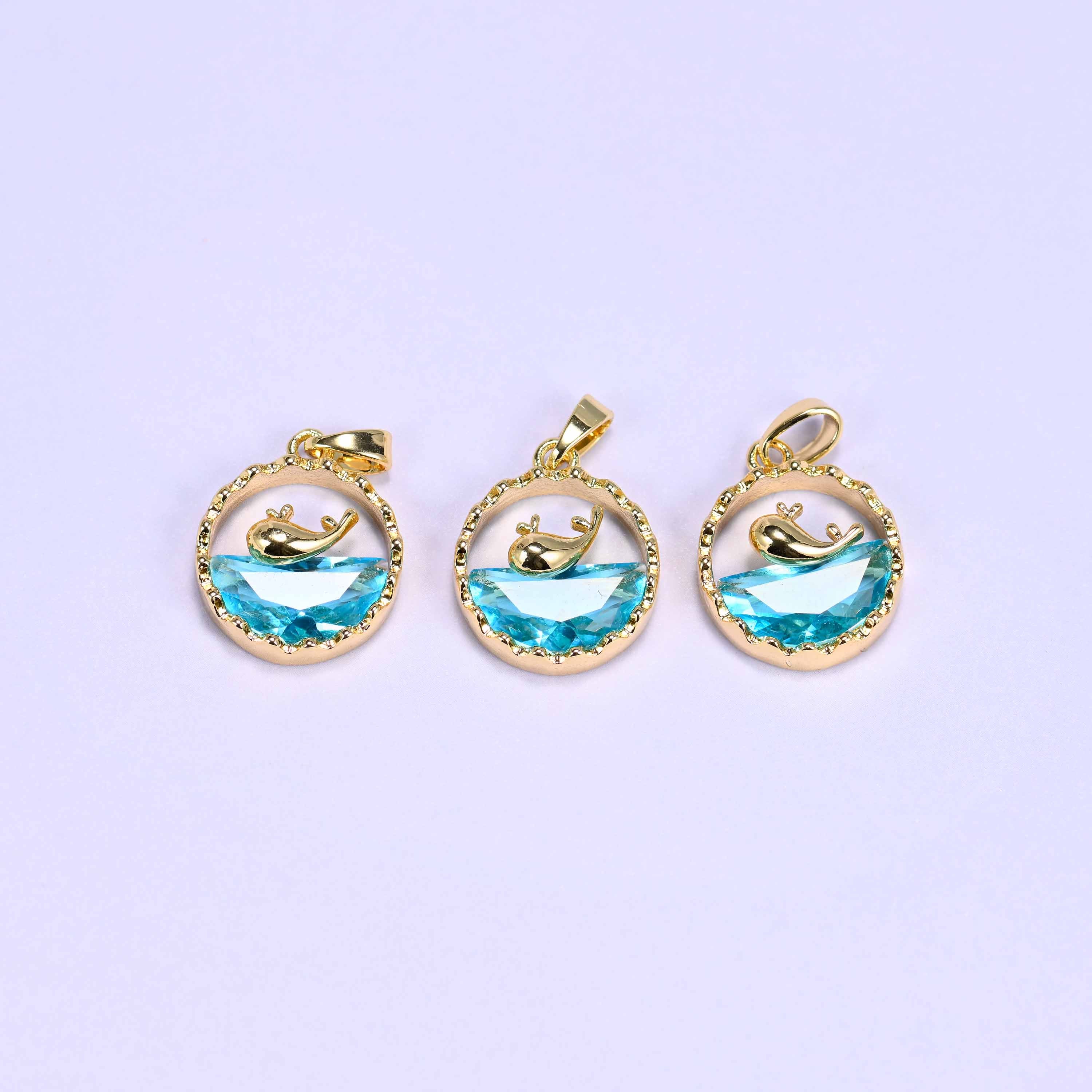Gold Round Zircon Whale Charms: 18K Gold Filled Pendants, Jewelry Making Supply