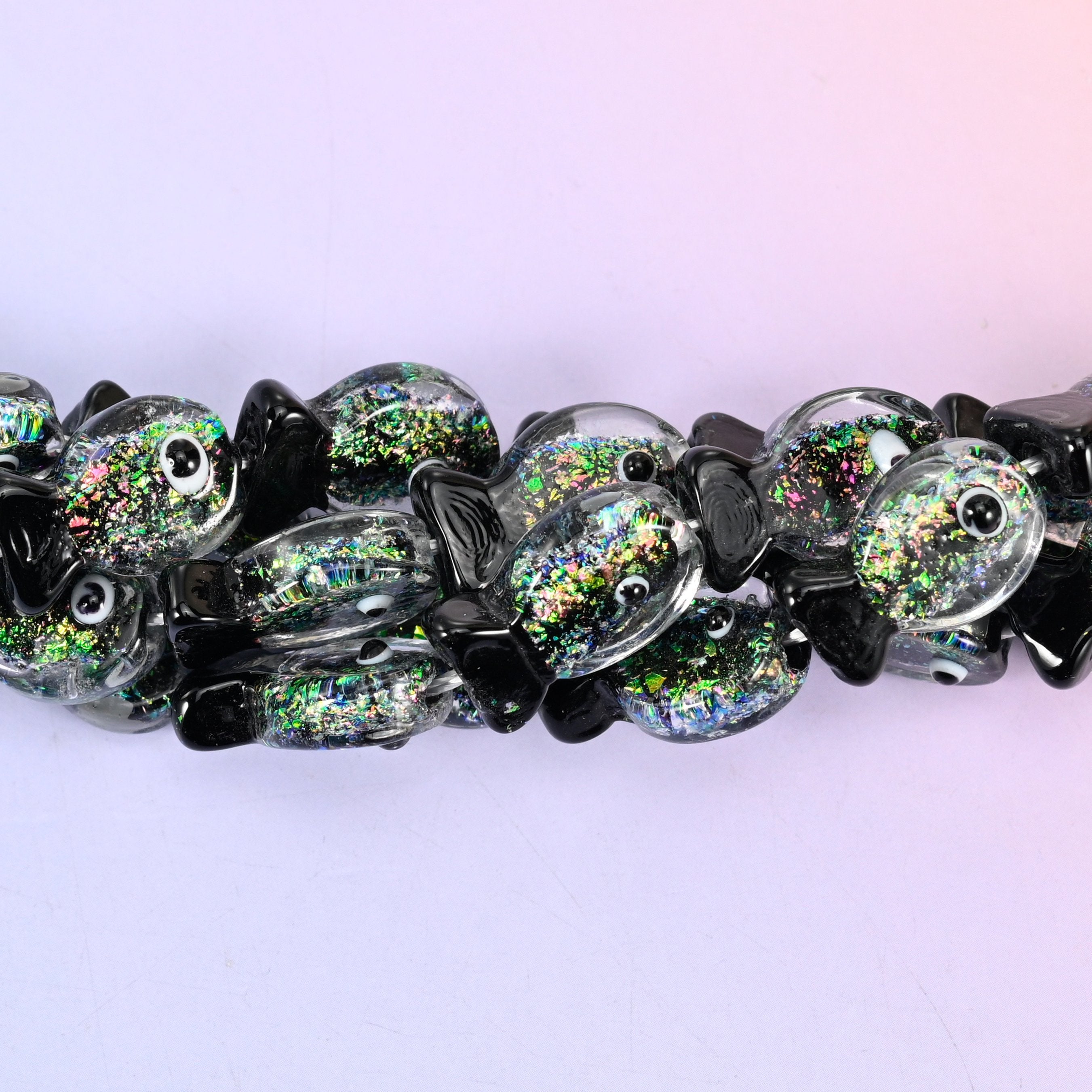 Iridescent Black Green Fish Glass Beads, 20 pieces per strand