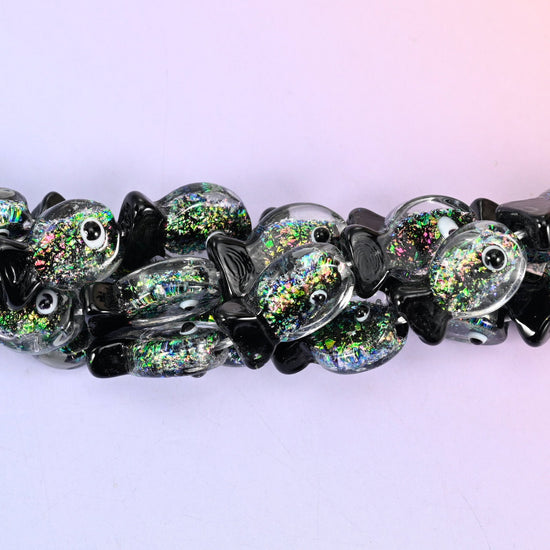 Iridescent Black Green Fish Glass Beads, 20 pieces per strand