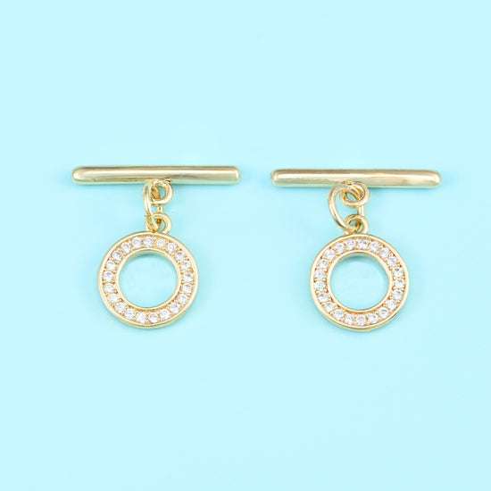 18K Gold Filled Round Zircon Toggle Clasp, open round ring paired with a slim polished T-bar