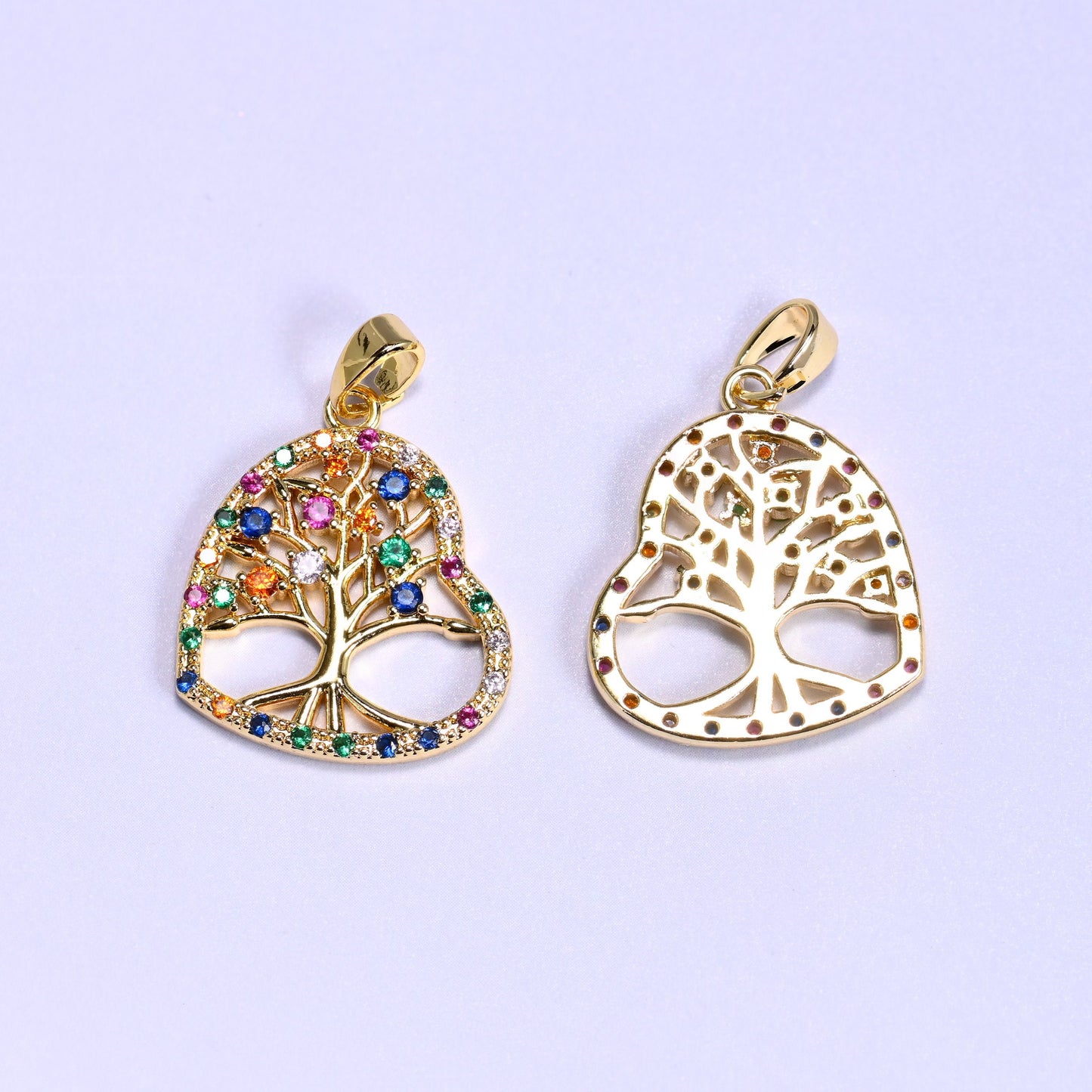 18K gold plated brass heart tree of life charm pendant, approx 21.03mm x 18.13mm
