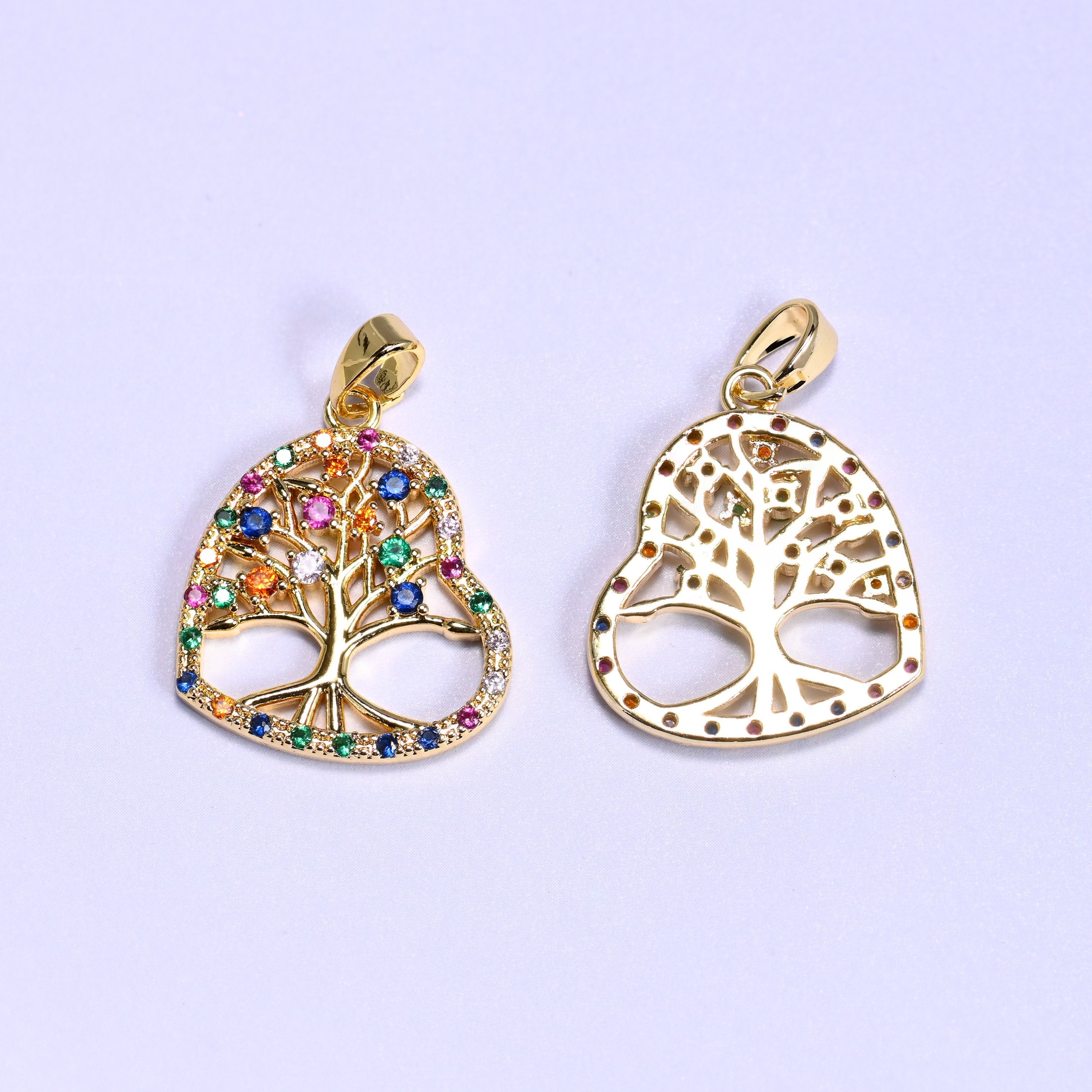 18K gold plated brass heart tree of life charm pendant, approx 21.03mm x 18.13mm