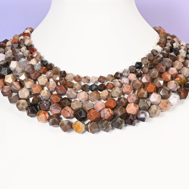 Petrified Wood beads, diamond star cut, 6mm to 10mm