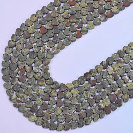 Matte Dragon Bloodstone Flat Heart Beads, 15 inch strand