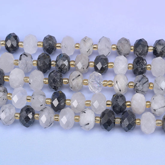 Black Rutilated Quartz Faceted Rondelle Beads, 15.5 inch strand