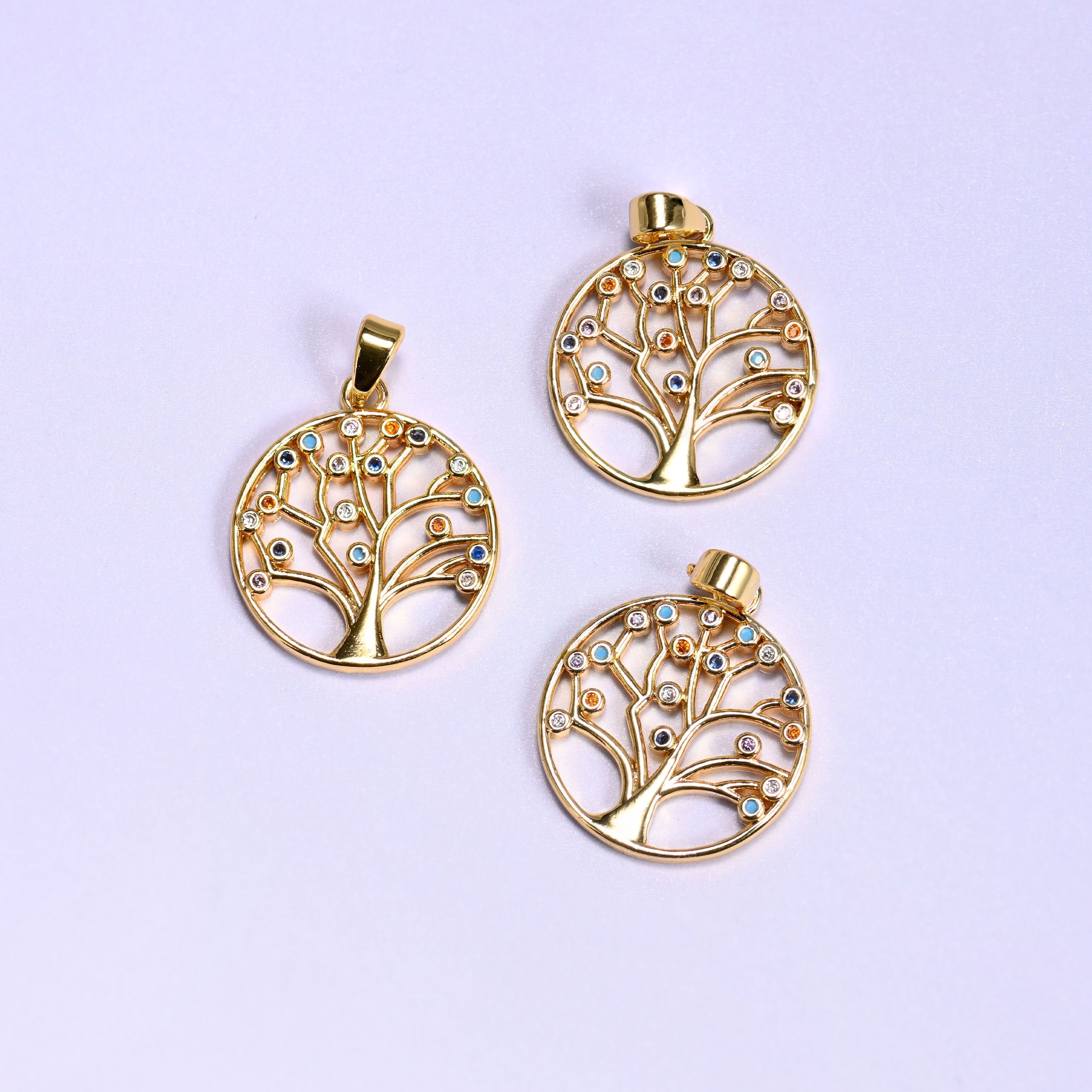 Round Tree of Life Multicolor Zircon Charms, bail approx 5.80mm x 2.95mm