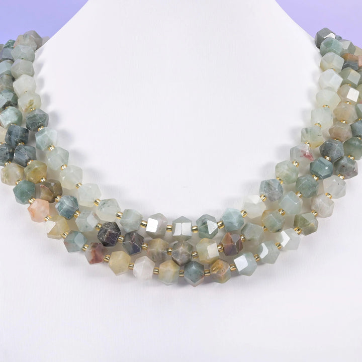 Green Grass Silk beads, faceted diamond rhombus, 10mm