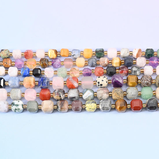 Assorted Gemstone Faceted Cube Beads 6mm 8mm in multicolor mix — pink, purple, mint, gold brown, red, cream, grey and white