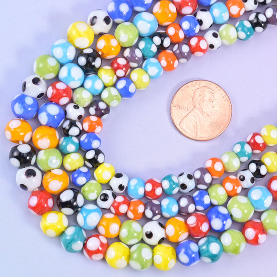 Multi-Color Spotted Round Glass Beads, 8.5 inch strand