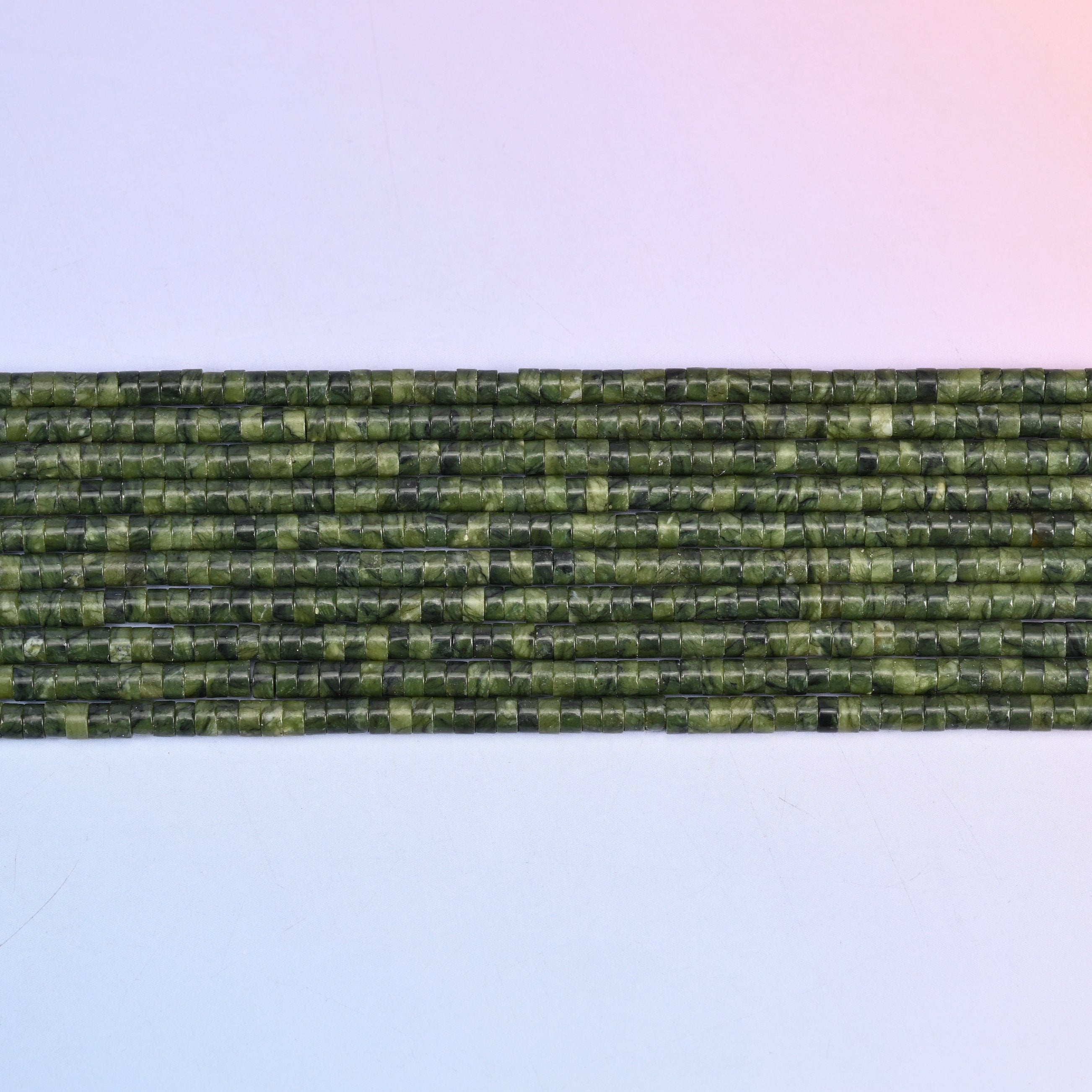 South Jade Smooth Heishi Disc Beads in rich olive green