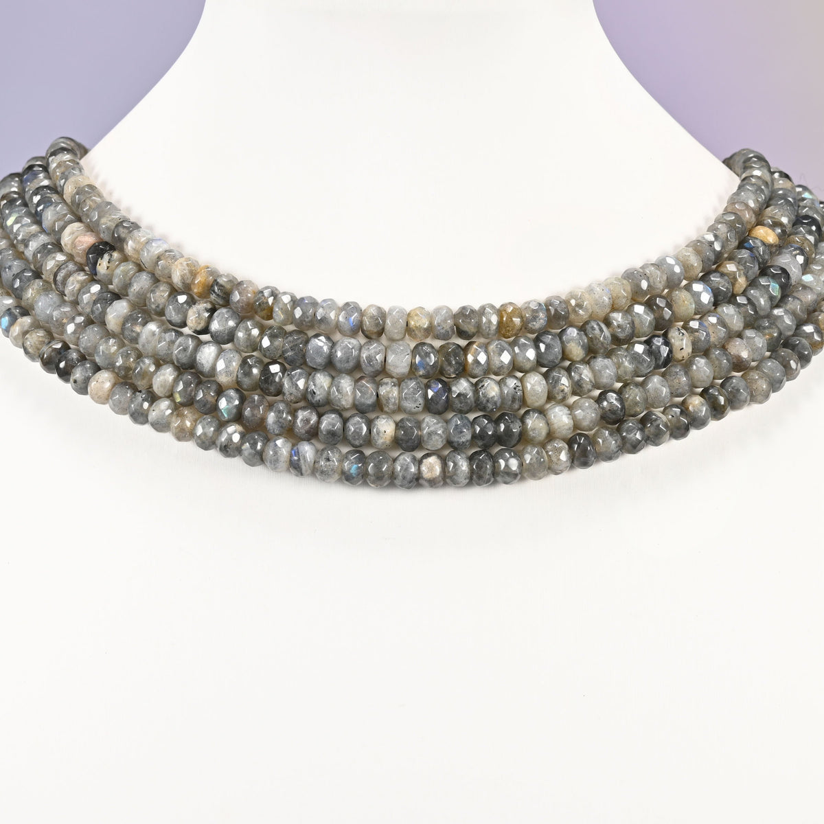 Gray Labradorite faceted rondelle beads layered as a collar, several strands of 6x4mm faceted discs