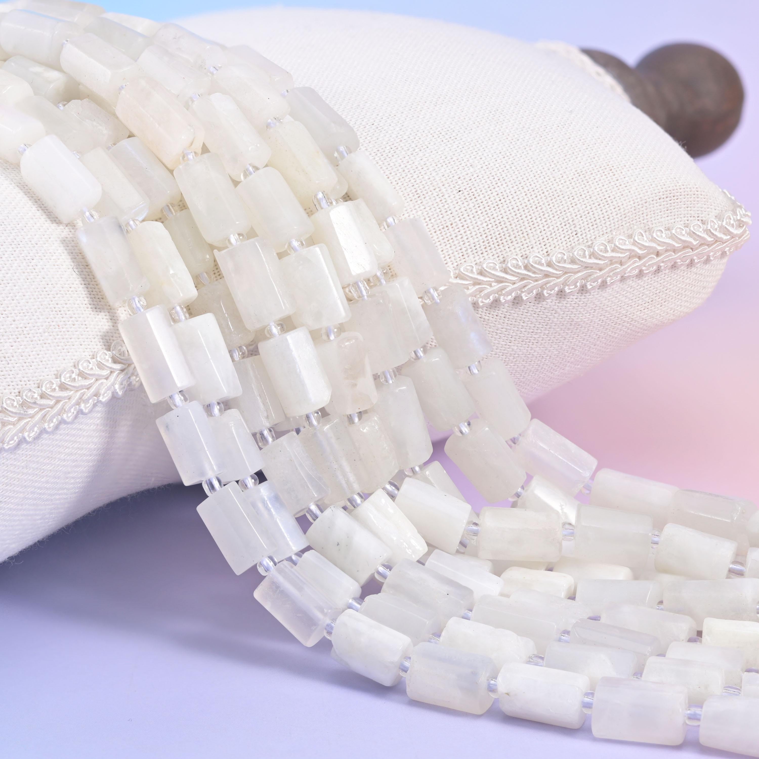 White Moonstone faceted tube cylinder beads, sleek modern shape with natural colour variation