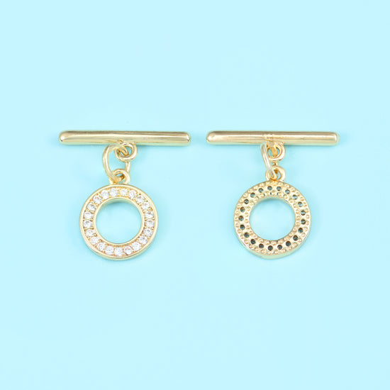 18K Gold Filled Round Zircon Toggle Clasp, sold as a set of one ring and one bar