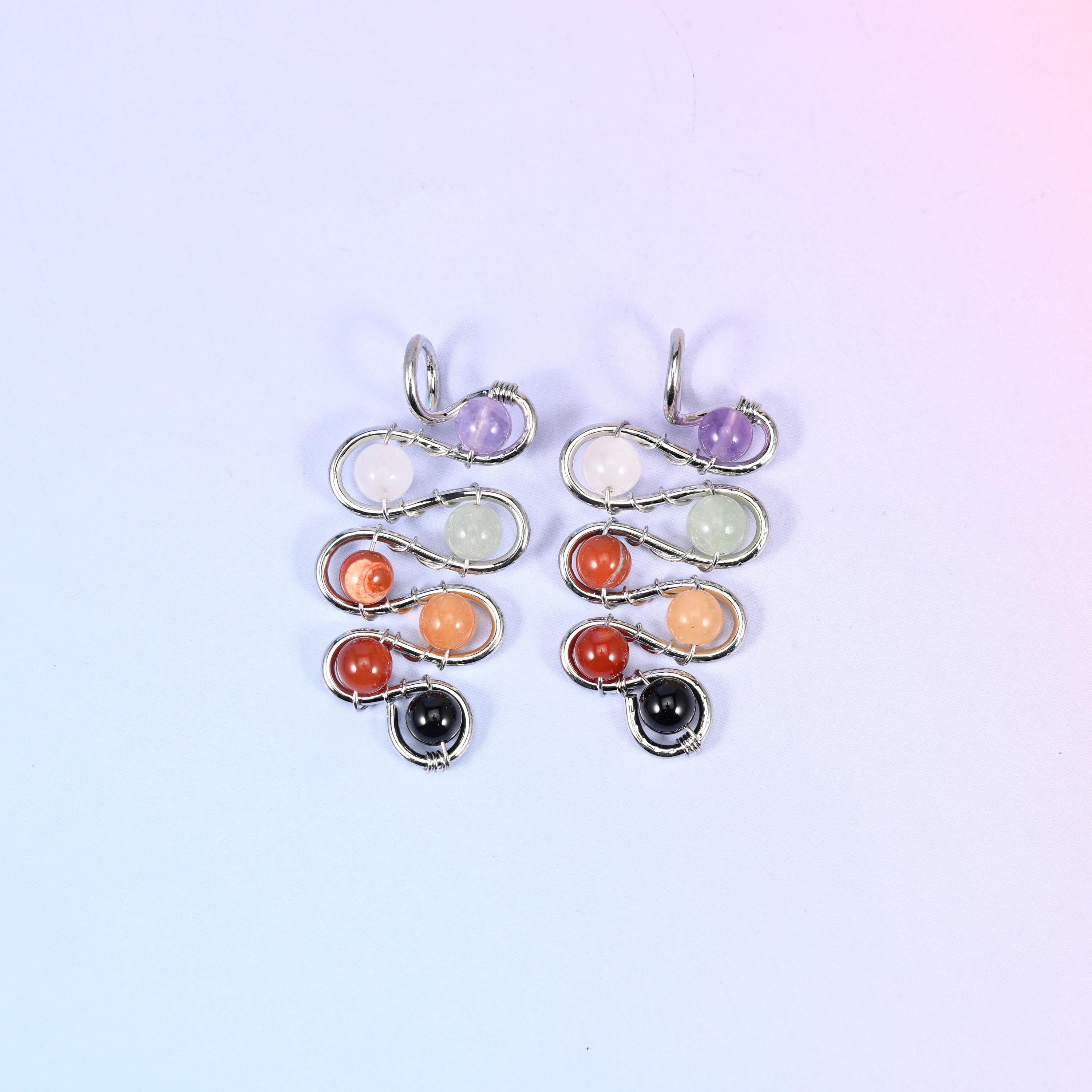 Wired Leaf Mixed Gemstone Swirl Pendant, 6mm beads