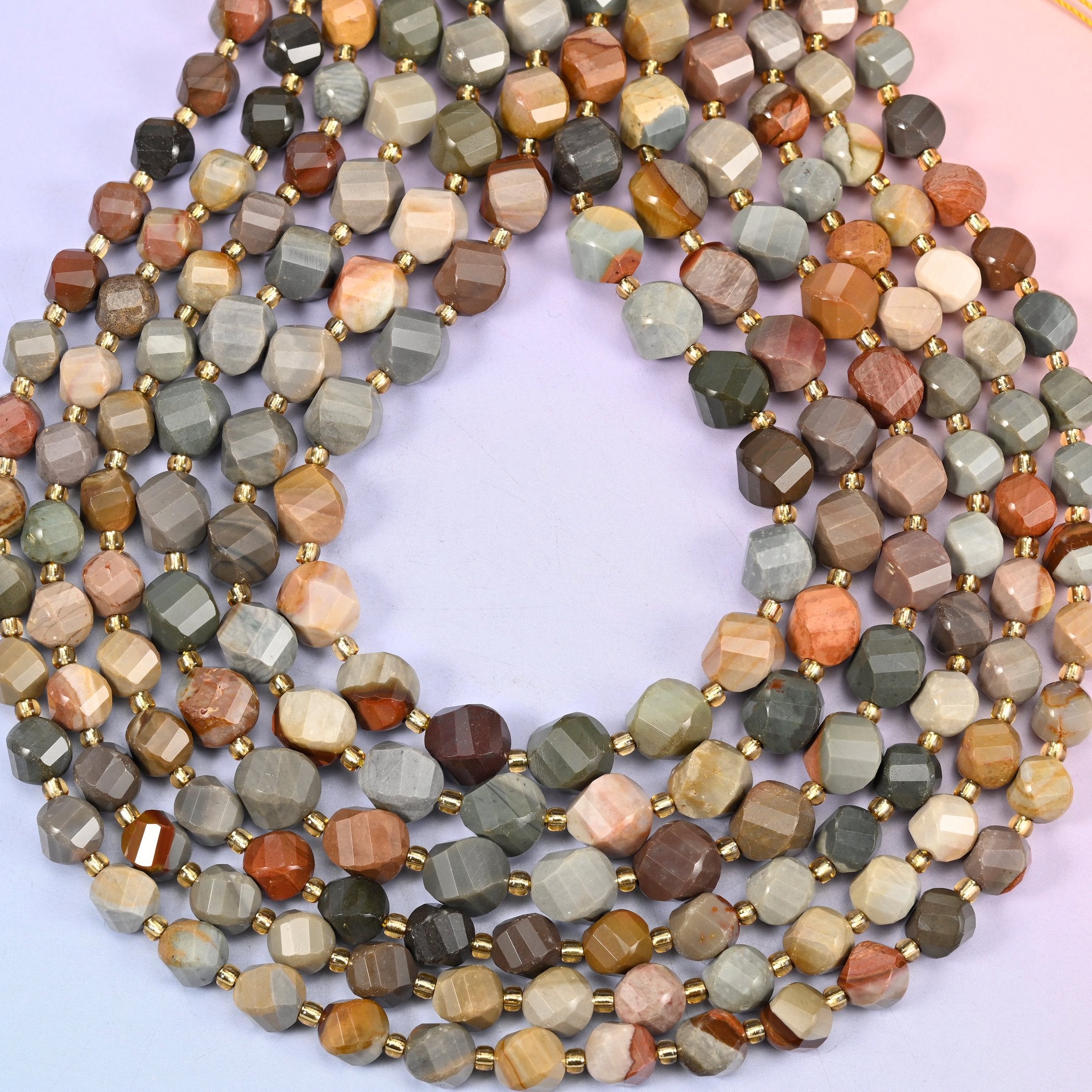 American Picture Jasper Faceted Spiral Twist Beads 8mm 10mm, hole approximately 1.2mm with a possible variation of +/- 0.2mm, both sizes