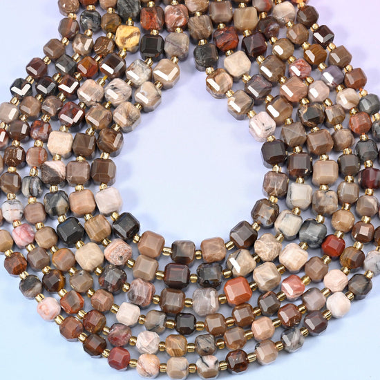 Petrified Wood Faceted Cube Beads, 1.2mm hole