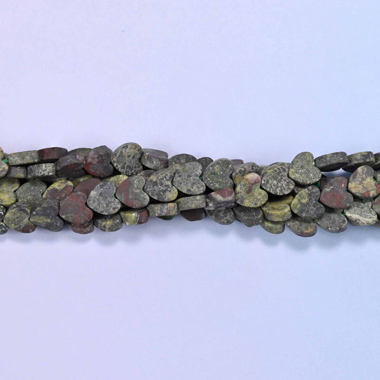 Matte Dragon Bloodstone Flat Heart Beads, flat hearts in dark olive and khaki green flecked with charcoal